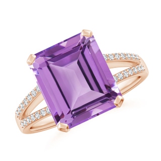 11x9mm A Emerald-Cut Amethyst Split Shank Cocktail Ring with Diamonds in 10K Rose Gold