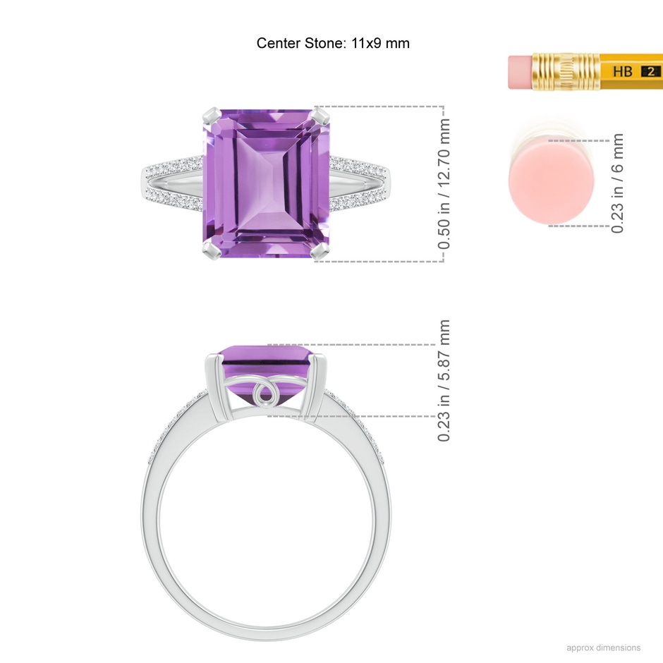 11x9mm A Emerald-Cut Amethyst Split Shank Cocktail Ring with Diamonds in White Gold ruler
