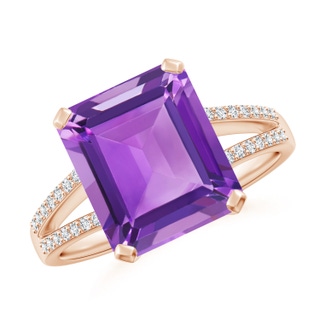 11x9mm AA Emerald-Cut Amethyst Split Shank Cocktail Ring with Diamonds in 10K Rose Gold