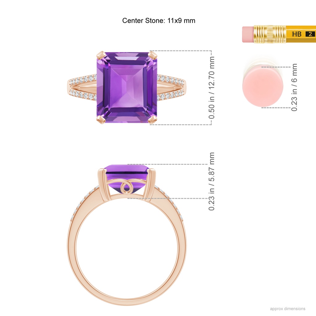 11x9mm AA Emerald-Cut Amethyst Split Shank Cocktail Ring with Diamonds in Rose Gold Ruler