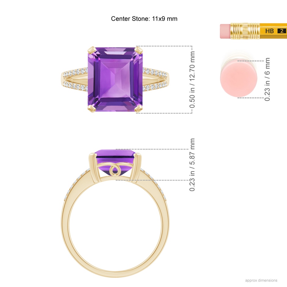 11x9mm AA Emerald-Cut Amethyst Split Shank Cocktail Ring with Diamonds in Yellow Gold ruler