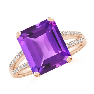 11x9mm AAA Emerald-Cut Amethyst Split Shank Cocktail Ring with Diamonds in Rose Gold