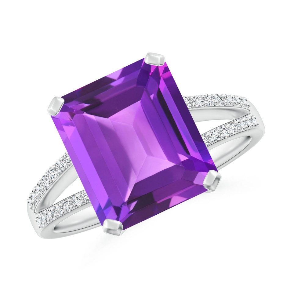 11x9mm AAA Emerald-Cut Amethyst Split Shank Cocktail Ring with Diamonds in White Gold 