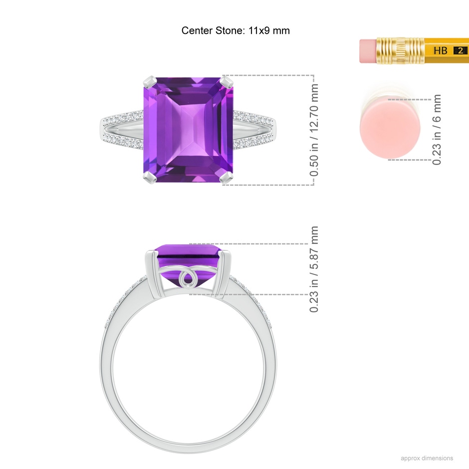 11x9mm AAA Emerald-Cut Amethyst Split Shank Cocktail Ring with Diamonds in White Gold ruler