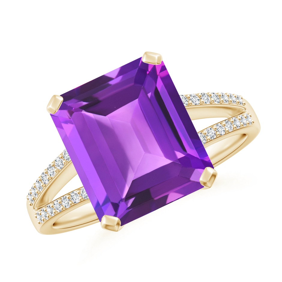 11x9mm AAA Emerald-Cut Amethyst Split Shank Cocktail Ring with Diamonds in Yellow Gold 