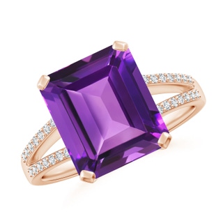 11x9mm AAAA Emerald-Cut Amethyst Split Shank Cocktail Ring with Diamonds in 10K Rose Gold
