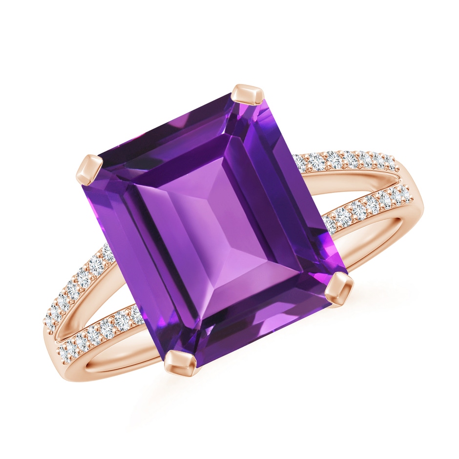 11x9mm AAAA Emerald-Cut Amethyst Split Shank Cocktail Ring with Diamonds in Rose Gold 