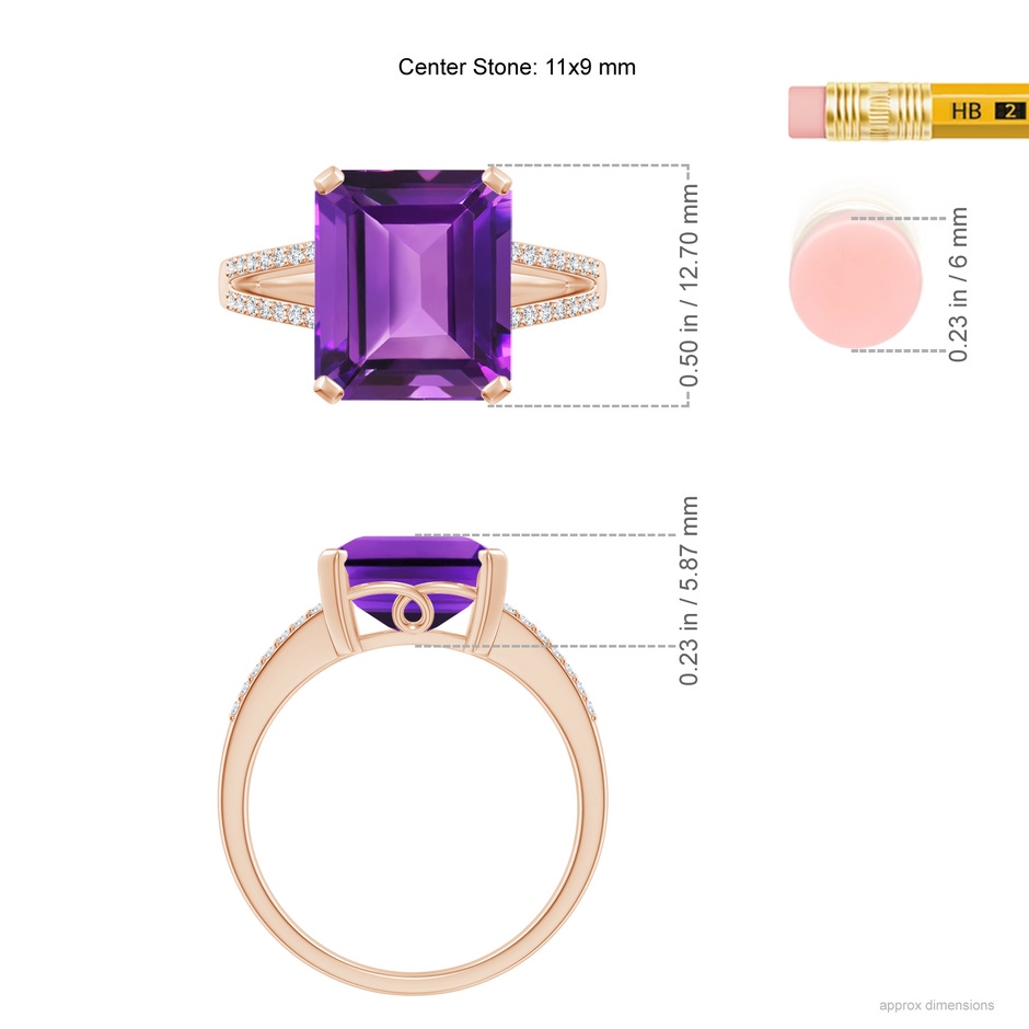 11x9mm AAAA Emerald-Cut Amethyst Split Shank Cocktail Ring with Diamonds in Rose Gold ruler