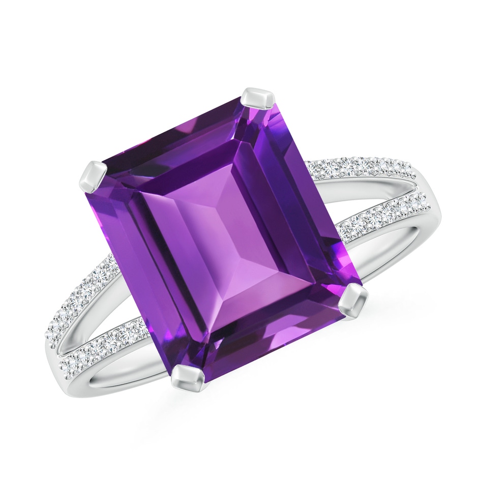 11x9mm AAAA Emerald-Cut Amethyst Split Shank Cocktail Ring with Diamonds in White Gold 