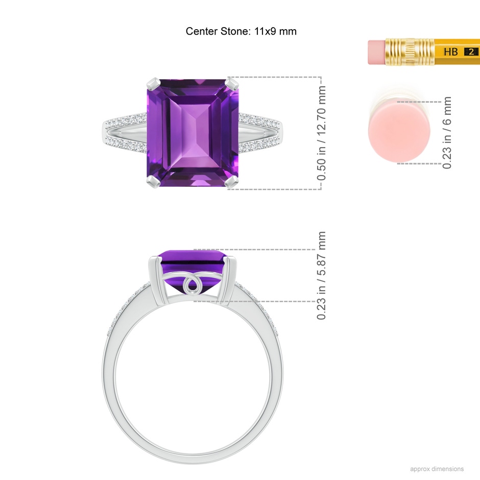 11x9mm AAAA Emerald-Cut Amethyst Split Shank Cocktail Ring with Diamonds in White Gold ruler