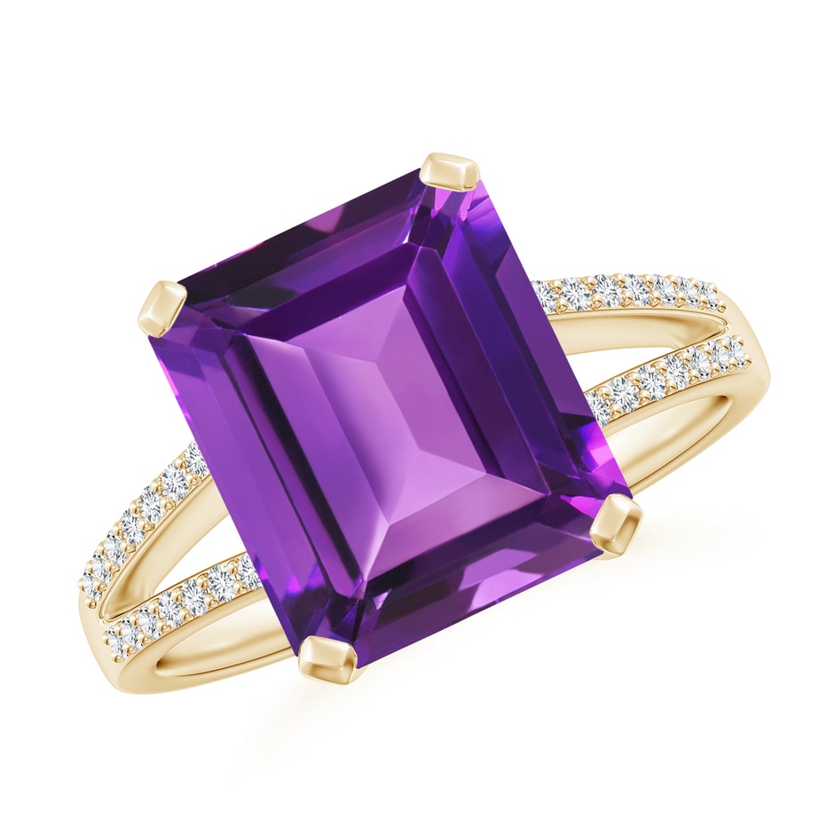 11x9mm AAAA Emerald-Cut Amethyst Split Shank Cocktail Ring with Diamonds in Yellow Gold 