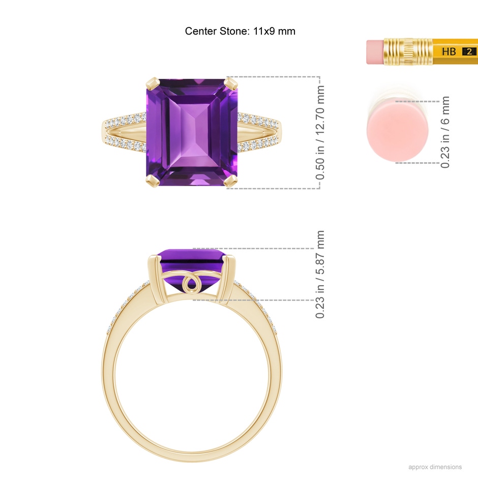 11x9mm AAAA Emerald-Cut Amethyst Split Shank Cocktail Ring with Diamonds in Yellow Gold ruler