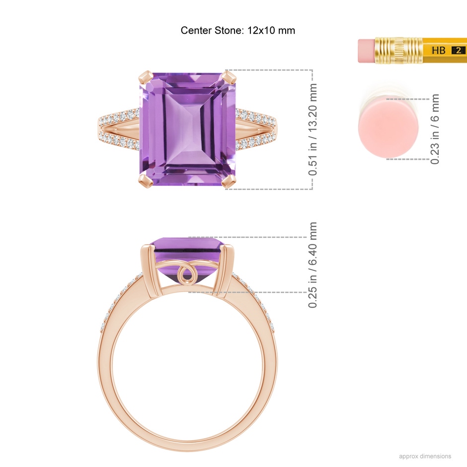 12x10mm A Emerald-Cut Amethyst Split Shank Cocktail Ring with Diamonds in Rose Gold ruler