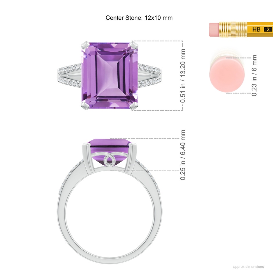 12x10mm A Emerald-Cut Amethyst Split Shank Cocktail Ring with Diamonds in White Gold ruler