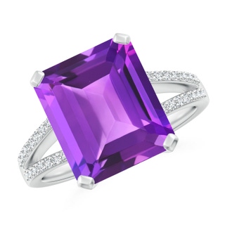 12x10mm AAA Emerald-Cut Amethyst Split Shank Cocktail Ring with Diamonds in White Gold