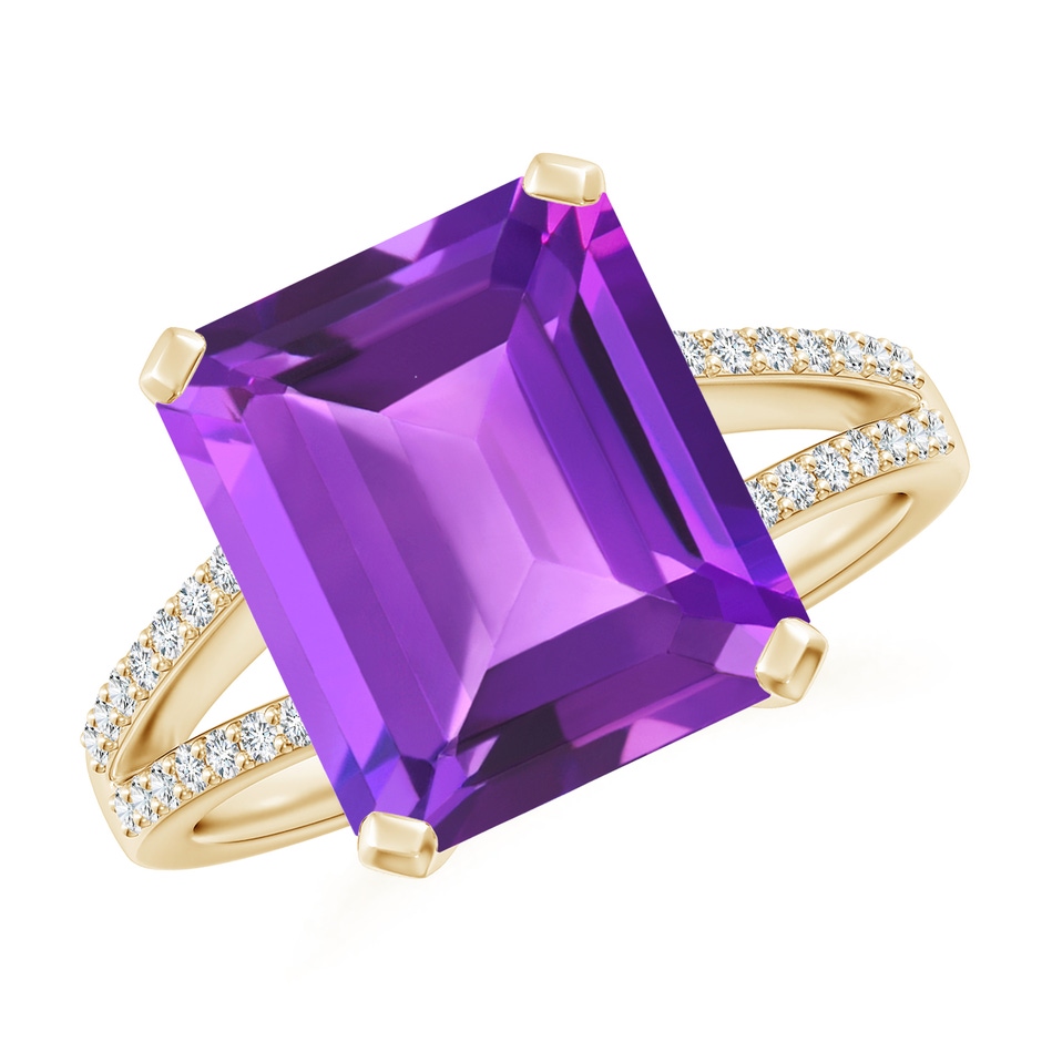 12x10mm AAA Emerald-Cut Amethyst Split Shank Cocktail Ring with Diamonds in Yellow Gold 