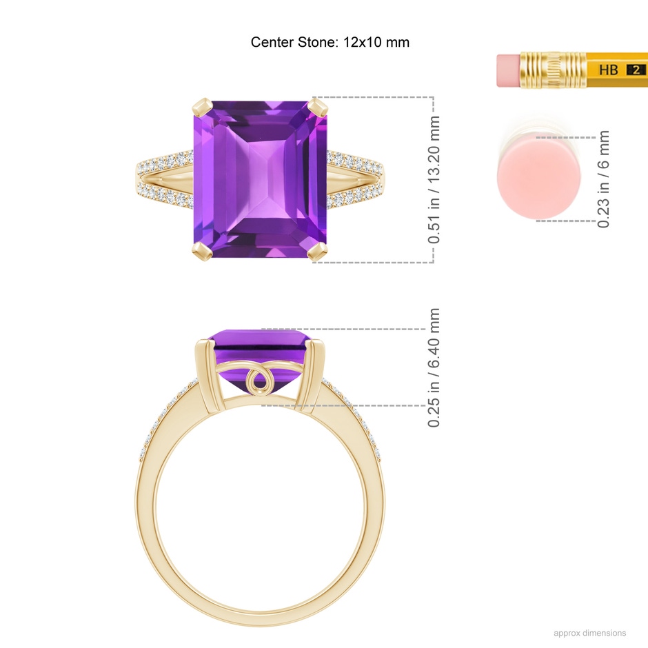 12x10mm AAA Emerald-Cut Amethyst Split Shank Cocktail Ring with Diamonds in Yellow Gold ruler