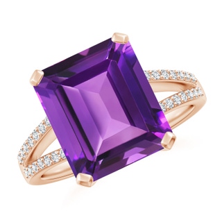 12x10mm AAAA Emerald-Cut Amethyst Split Shank Cocktail Ring with Diamonds in Rose Gold
