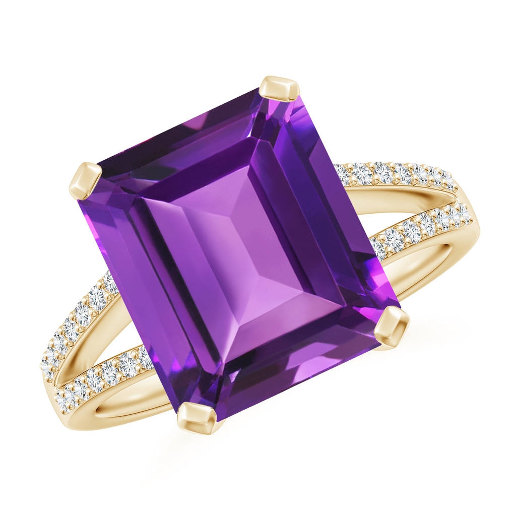 12x10mm AAAA Emerald-Cut Amethyst Split Shank Cocktail Ring with Diamonds in Yellow Gold