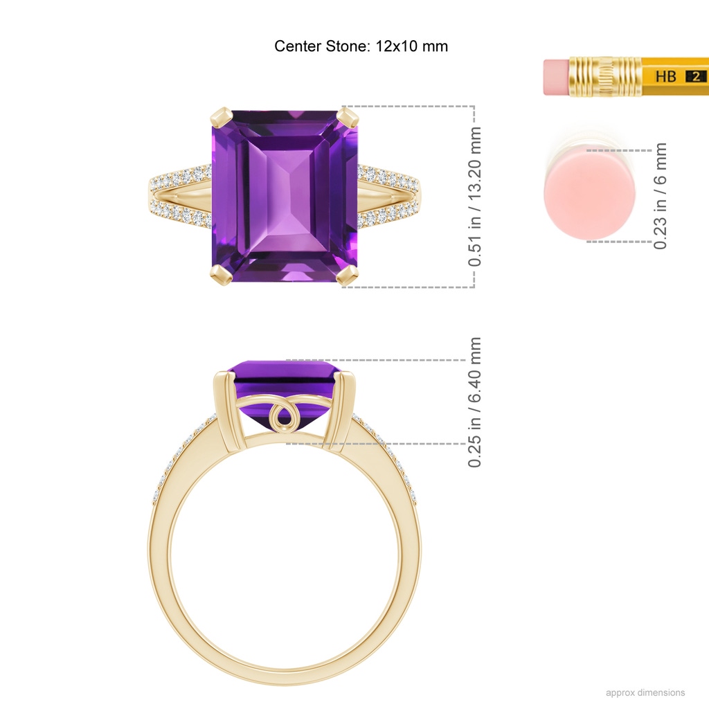 12x10mm AAAA Emerald-Cut Amethyst Split Shank Cocktail Ring with Diamonds in Yellow Gold Ruler