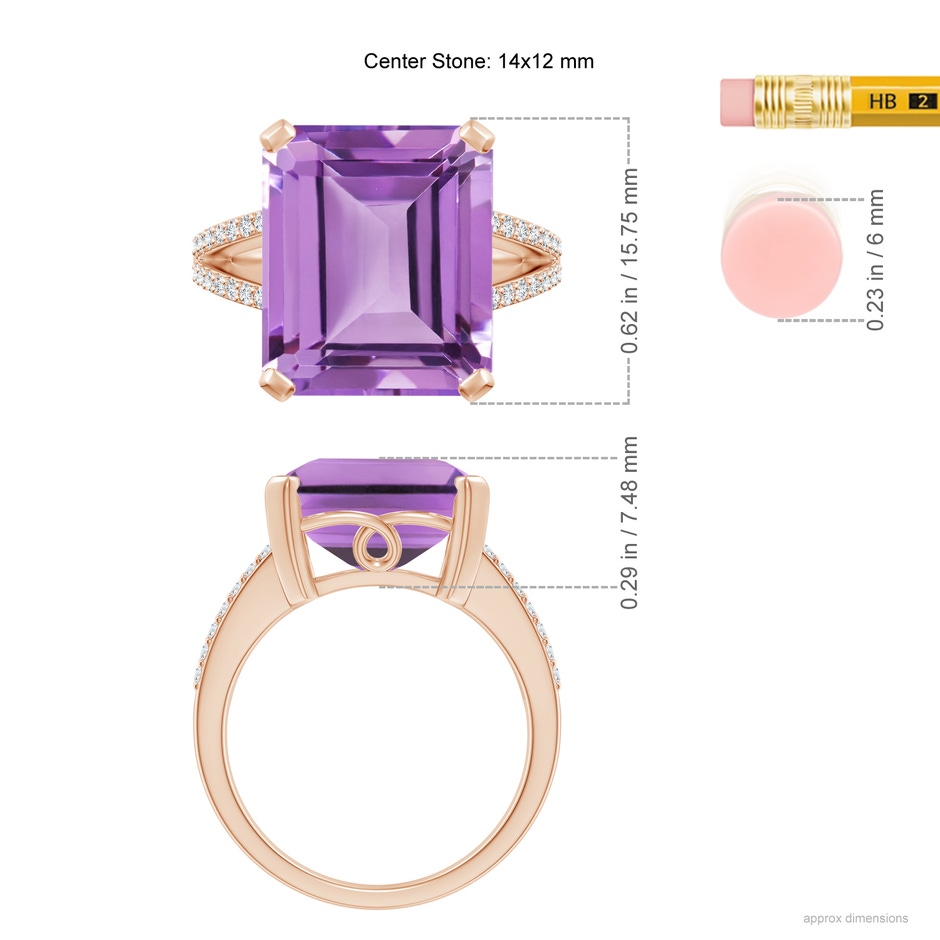 14x12mm A Emerald-Cut Amethyst Split Shank Cocktail Ring with Diamonds in Rose Gold ruler