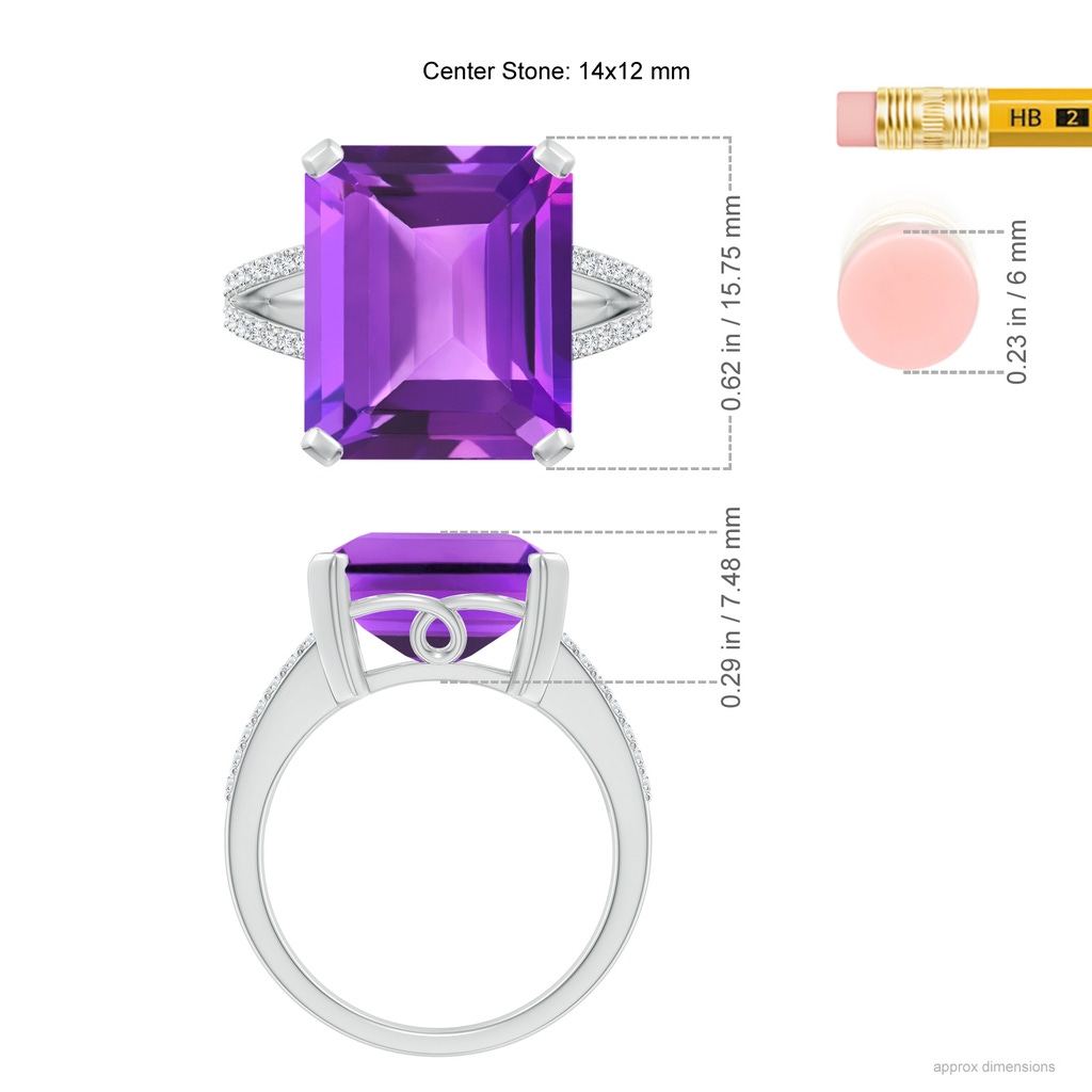 14x12mm AAA Emerald-Cut Amethyst Split Shank Cocktail Ring with Diamonds in White Gold Ruler