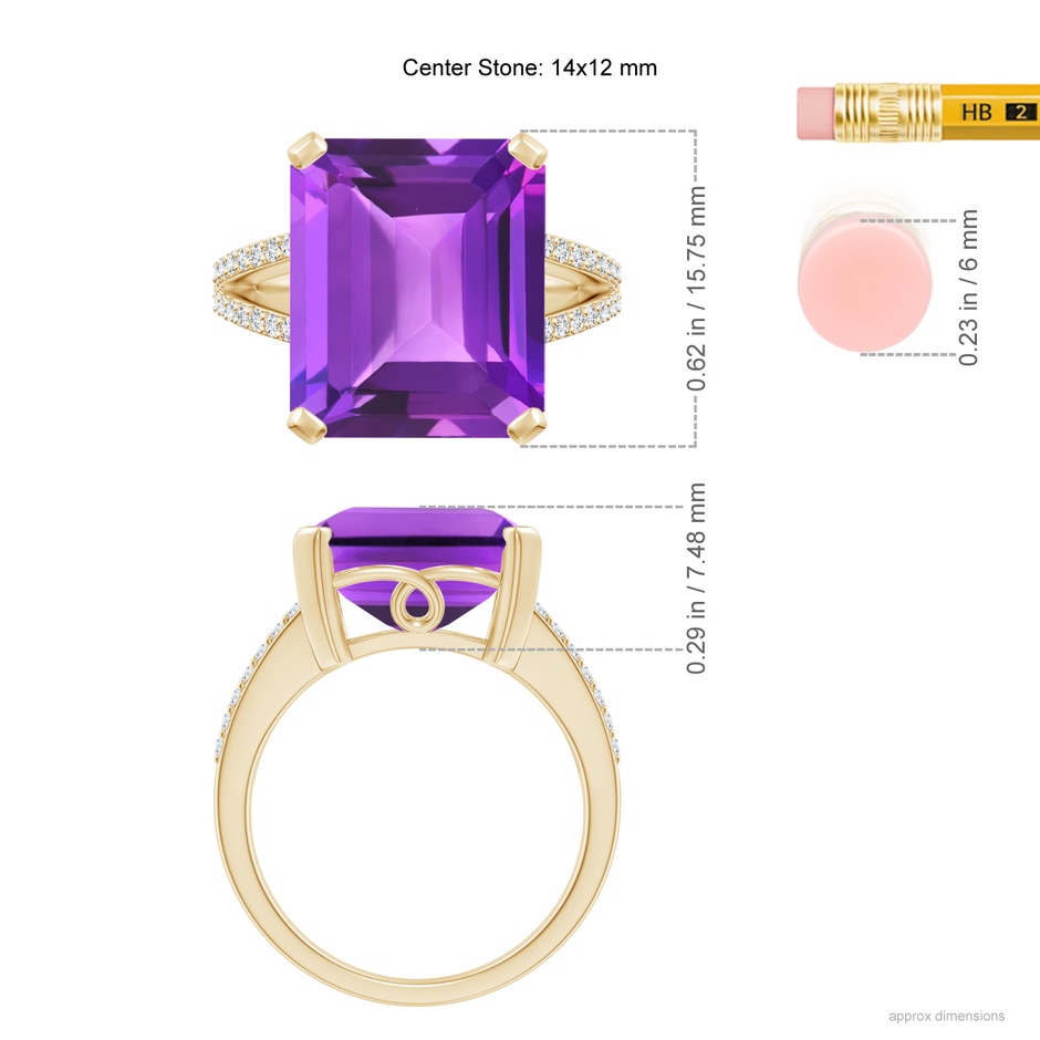 14x12mm AAA Emerald-Cut Amethyst Split Shank Cocktail Ring with Diamonds in Yellow Gold ruler