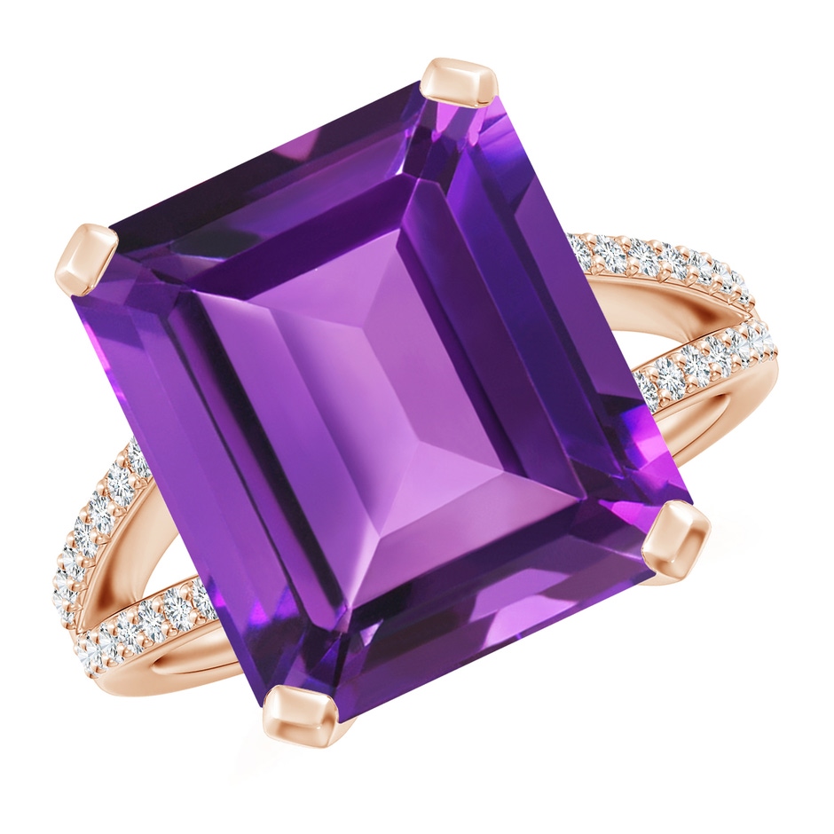 14x12mm AAAA Emerald-Cut Amethyst Split Shank Cocktail Ring with Diamonds in Rose Gold 