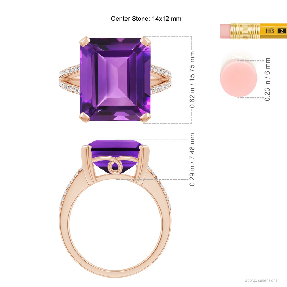 14x12mm AAAA Emerald-Cut Amethyst Split Shank Cocktail Ring with Diamonds in Rose Gold ruler