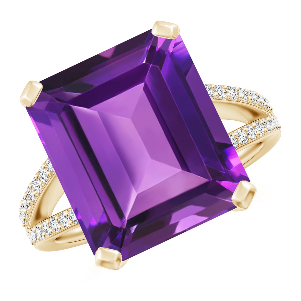 14x12mm AAAA Emerald-Cut Amethyst Split Shank Cocktail Ring with Diamonds in Yellow Gold