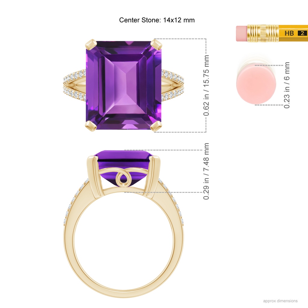 14x12mm AAAA Emerald-Cut Amethyst Split Shank Cocktail Ring with Diamonds in Yellow Gold Ruler