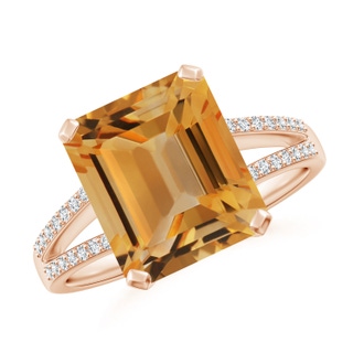 11x9mm A Emerald-Cut Citrine Split Shank Cocktail Ring with Diamonds in 10K Rose Gold