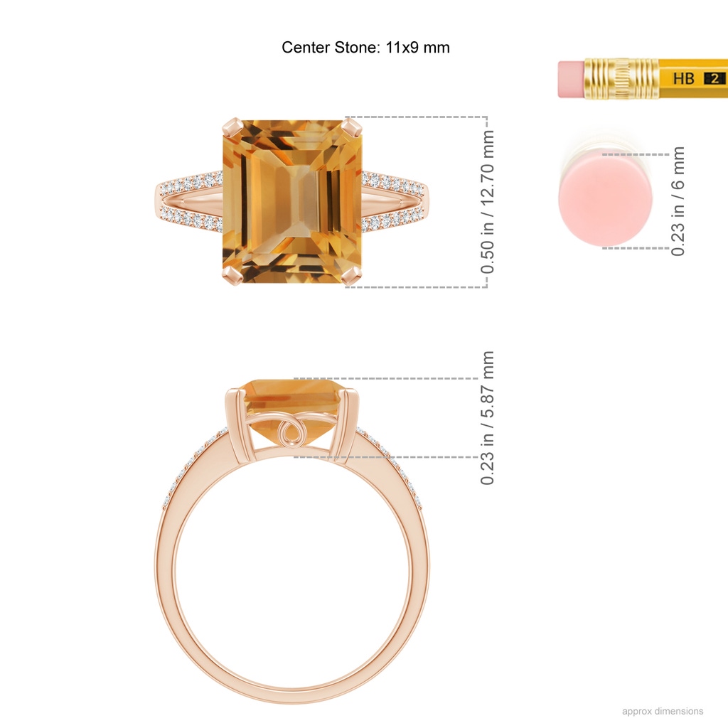 11x9mm A Emerald-Cut Citrine Split Shank Cocktail Ring with Diamonds in Rose Gold Ruler