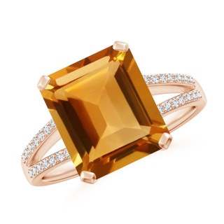 11x9mm AA Emerald-Cut Citrine Split Shank Cocktail Ring with Diamonds in Rose Gold