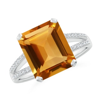 11x9mm AA Emerald-Cut Citrine Split Shank Cocktail Ring with Diamonds in White Gold