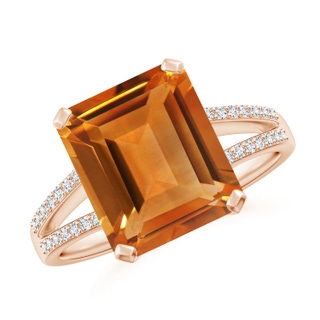 11x9mm AAA Emerald-Cut Citrine Split Shank Cocktail Ring with Diamonds in 10K Rose Gold