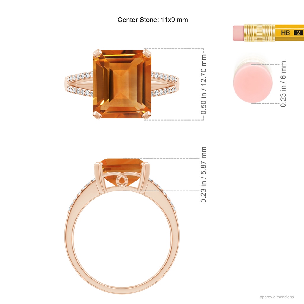 11x9mm AAA Emerald-Cut Citrine Split Shank Cocktail Ring with Diamonds in Rose Gold Ruler