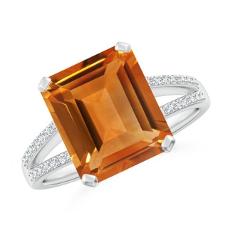 11x9mm AAA Emerald-Cut Citrine Split Shank Cocktail Ring with Diamonds in White Gold