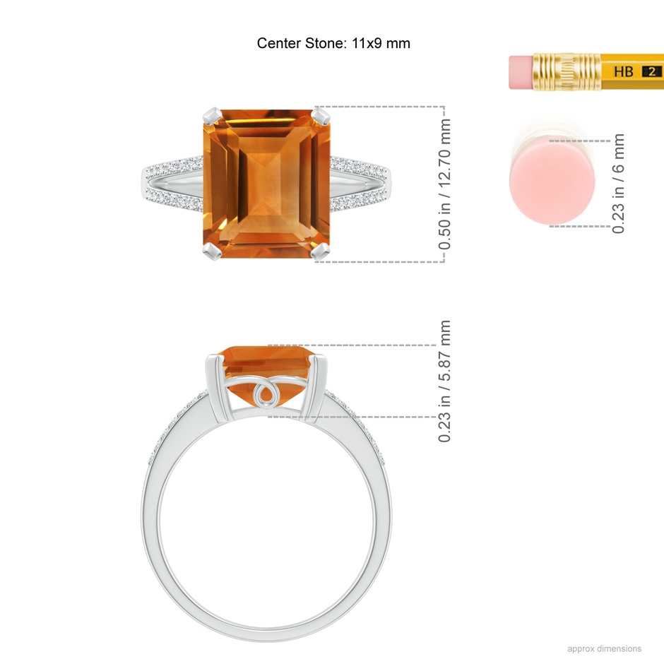 11x9mm AAA Emerald-Cut Citrine Split Shank Cocktail Ring with Diamonds in White Gold ruler