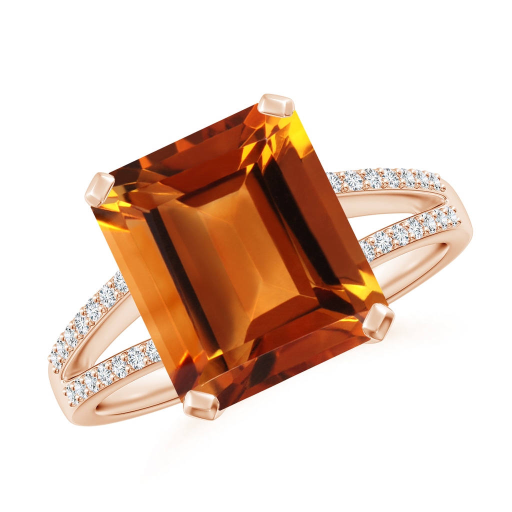 11x9mm AAAA Emerald-Cut Citrine Split Shank Cocktail Ring with Diamonds in Rose Gold