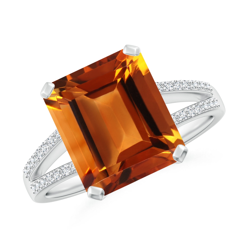 11x9mm AAAA Emerald-Cut Citrine Split Shank Cocktail Ring with Diamonds in White Gold