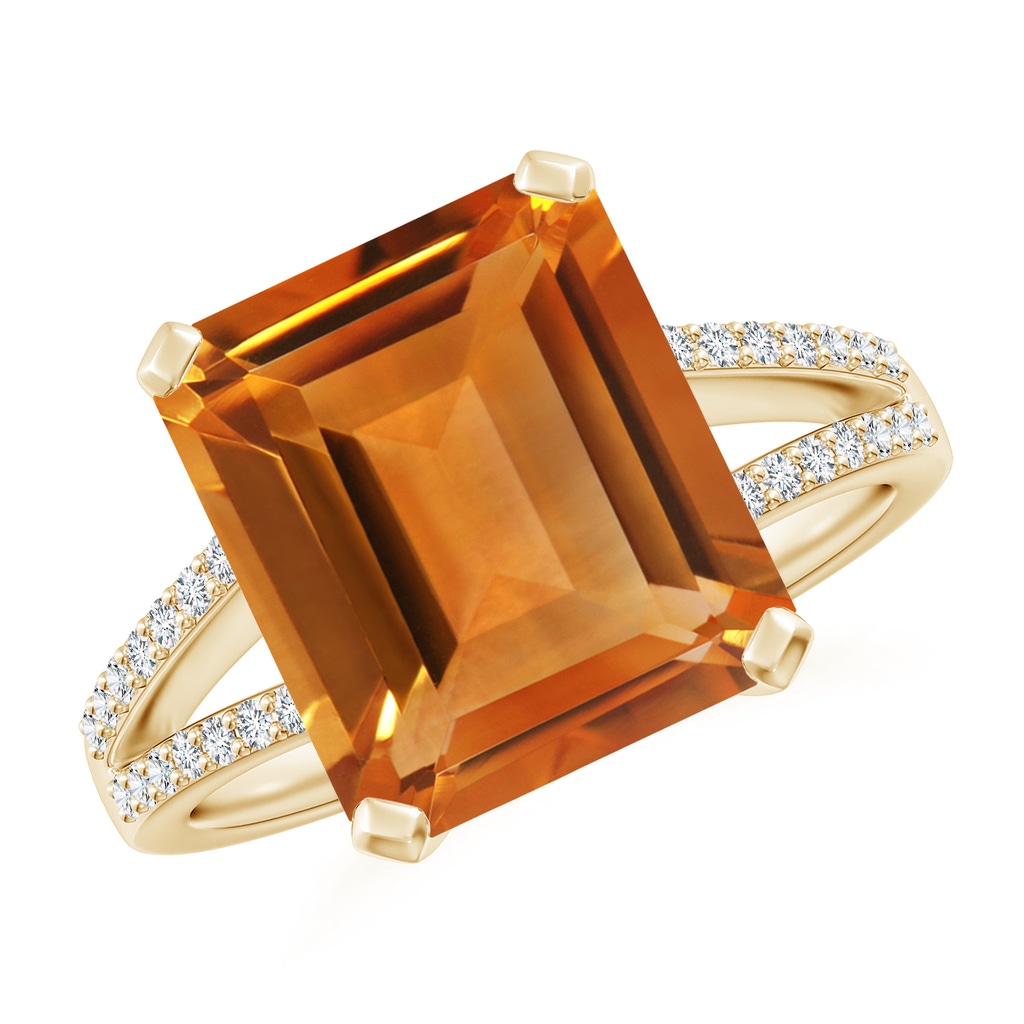 12x10mm AAA Emerald-Cut Citrine Split Shank Cocktail Ring with Diamonds in Yellow Gold