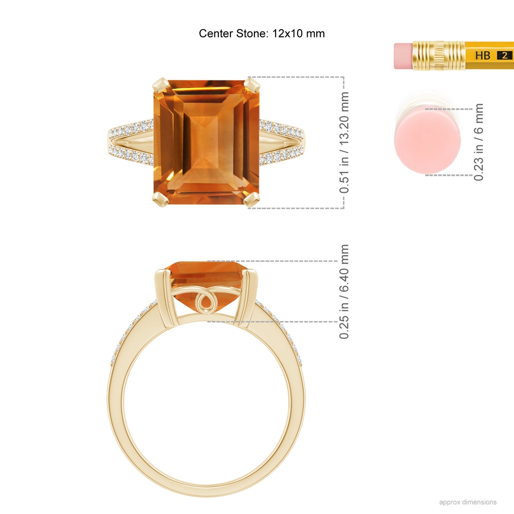 12x10mm AAA Emerald-Cut Citrine Split Shank Cocktail Ring with Diamonds in Yellow Gold Ruler