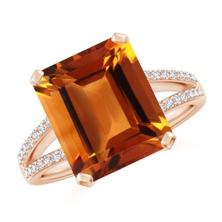 12x10mm AAAA Emerald-Cut Citrine Split Shank Cocktail Ring with Diamonds in Rose Gold