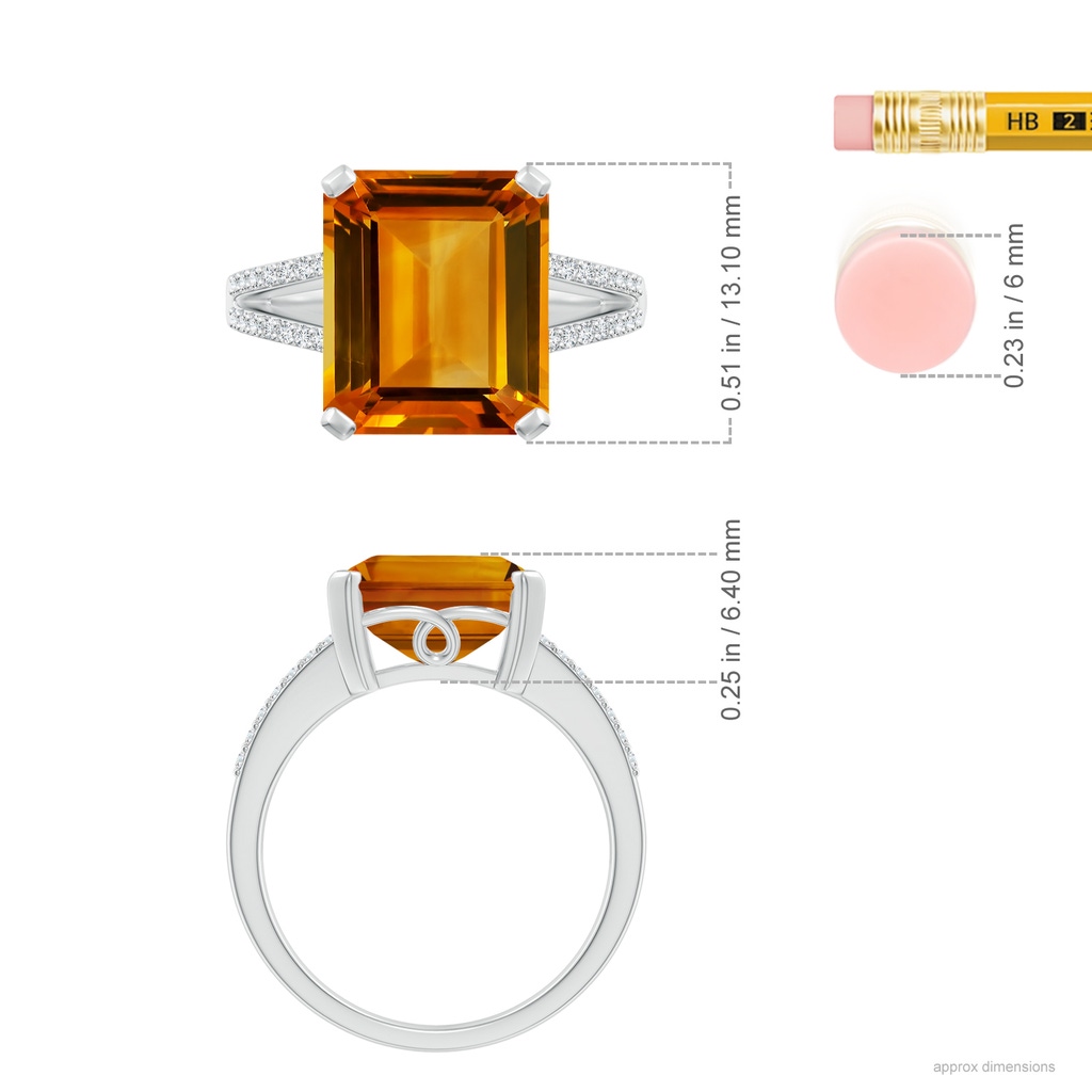 12.14x9.12x5.42mm AAAA GIA Certified Emerald-Cut Citrine Cocktail Ring in 18K White Gold ruler