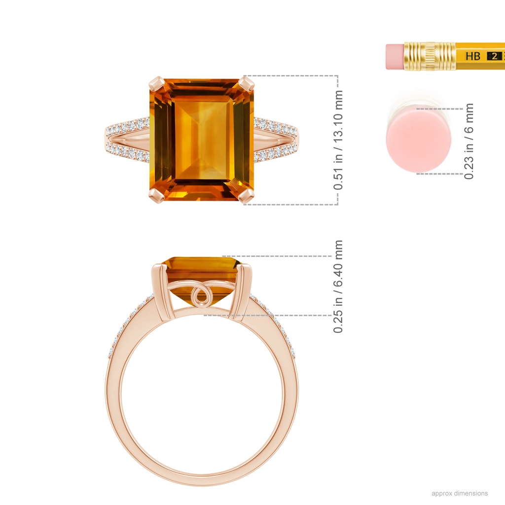 12.14x9.12x5.42mm AAAA GIA Certified Emerald-Cut Citrine Cocktail Ring in Rose Gold ruler