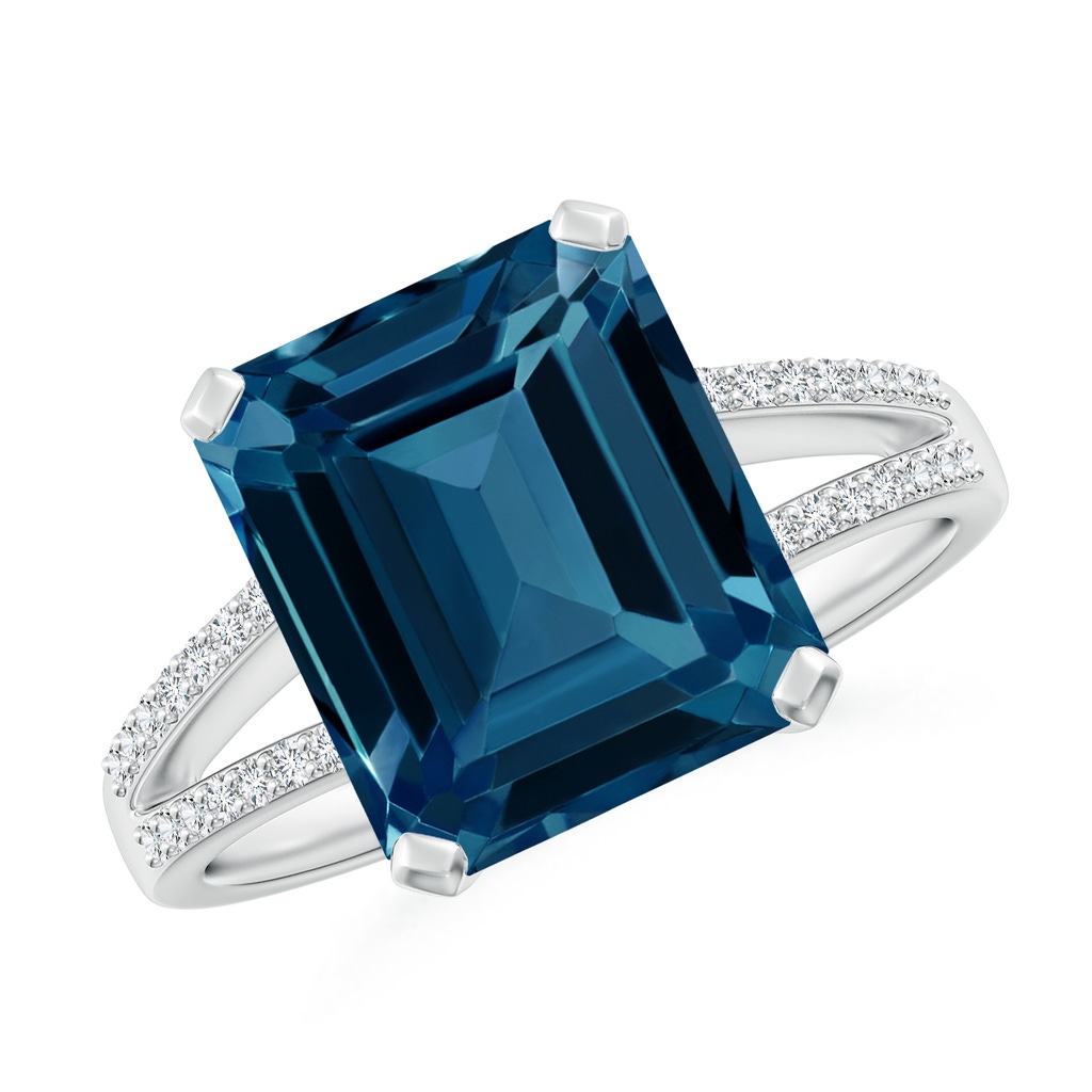 11x9mm AAAA Emerald-Cut London Blue Topaz Split Shank Cocktail Ring in White Gold