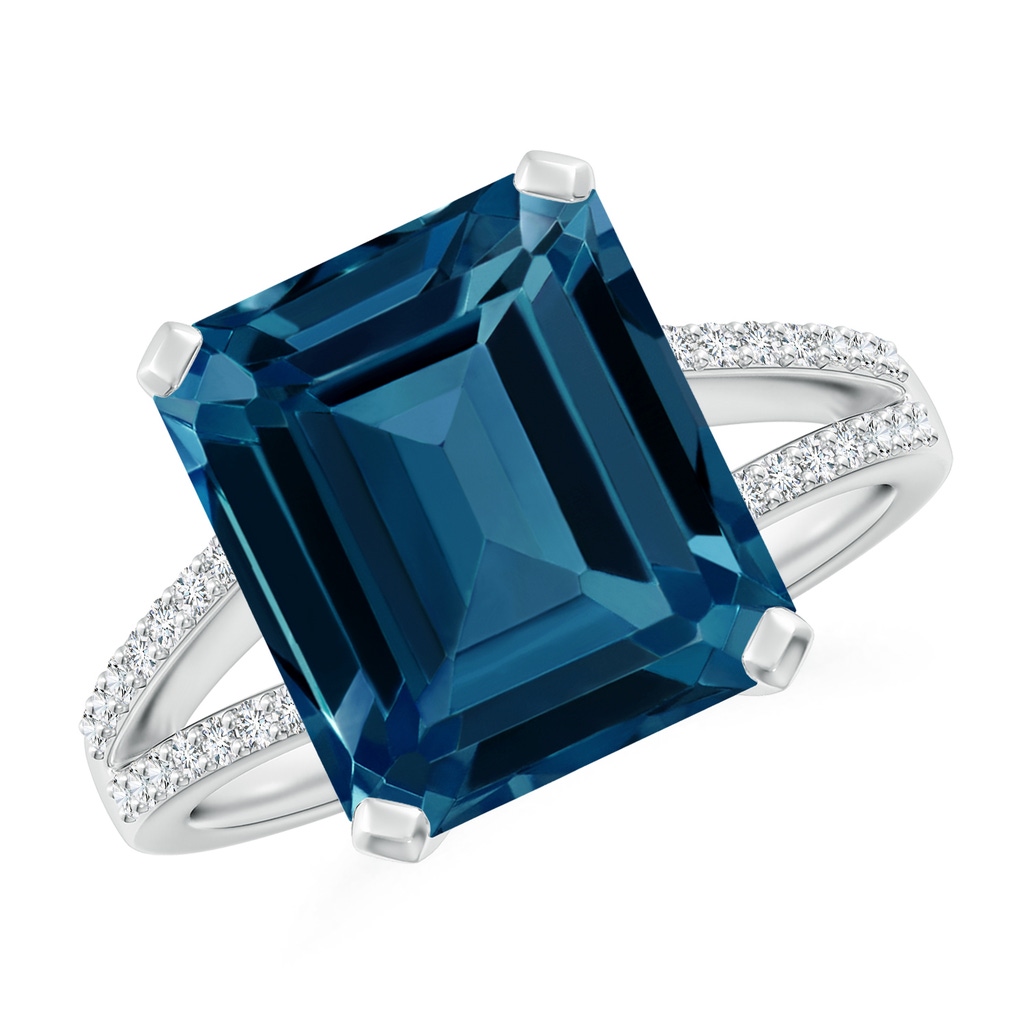 12x10mm AAAA Emerald-Cut London Blue Topaz Split Shank Cocktail Ring in 10K White Gold 