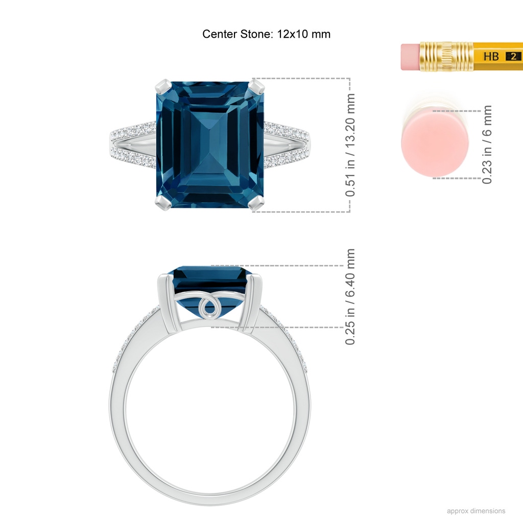 12x10mm AAAA Emerald-Cut London Blue Topaz Split Shank Cocktail Ring in 10K White Gold Ruler