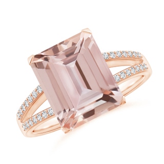 11x9mm AAA Emerald-Cut Morganite Split Shank Cocktail Ring with Diamonds in Rose Gold